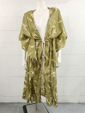 True Destinations Leaf Print Drawstring Kimono Swim Cover-Up